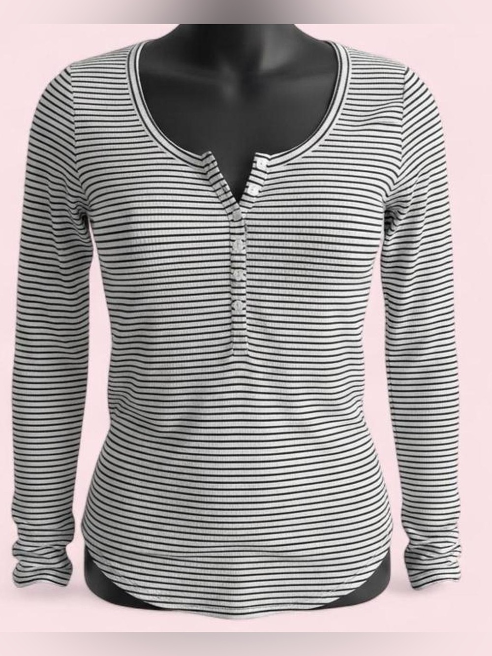 a.n.a Y2K Bella Swan Elena Gilbert Black & White Striped Henley Long Sleeve Top
